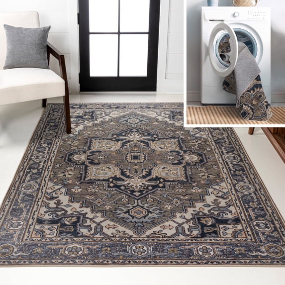 JONATHAN Y WASHABLE 8 x 10 Area Rug, Cirali Ornate Large Medallion - Green/Navy/Cream, WSH105C-8