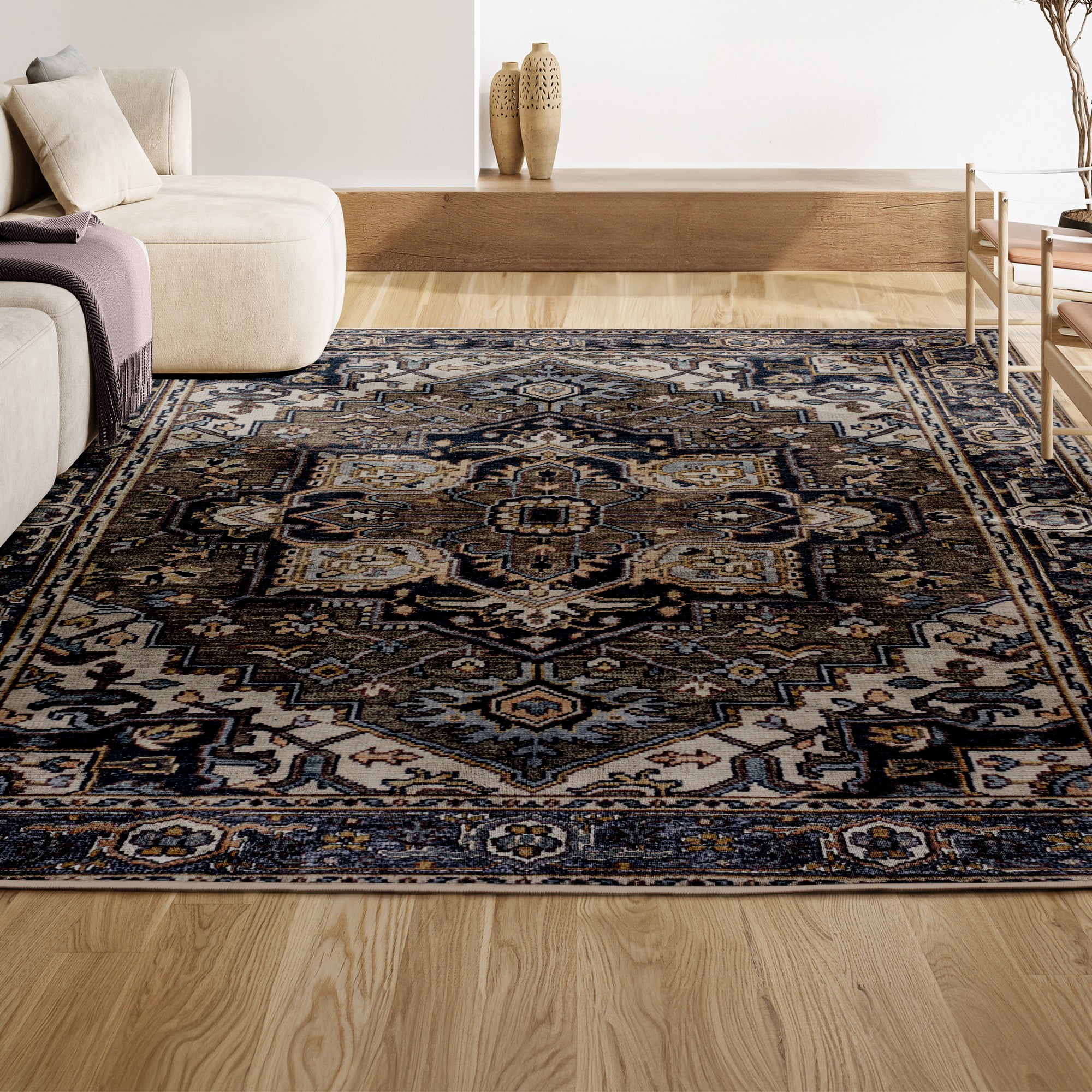 Cirali Green and Navy Medallion Washable Chenille Area Rug 8' x 10'