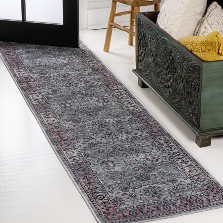 JONATHAN Y WASHABLE 2 x 8 Runner Rug, Victoria Ornate Persian All-Over - Purple/Gray, WSH106B-28