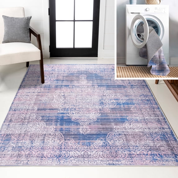 JONATHAN Y WASHABLE 3 x 5 Area Rug, Regis Bohemian Medallion - Blue, WSH107A-3