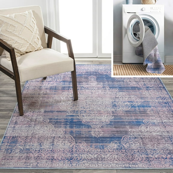 JONATHAN Y WASHABLE 4 x 6 Area Rug, Regis Bohemian Medallion - Blue, WSH107A-4