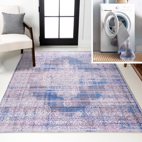 JONATHAN Y WASHABLE 5 x 8 Area Rug, Regis Bohemian Medallion - Blue, WSH107A-5