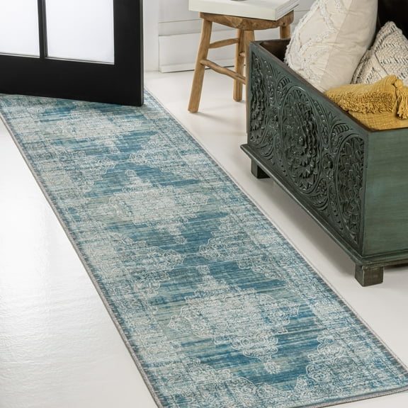 JONATHAN Y WASHABLE 2 x 8 Runner Rug, Regis Bohemian Medallion - Teal/Cream, WSH107B-28