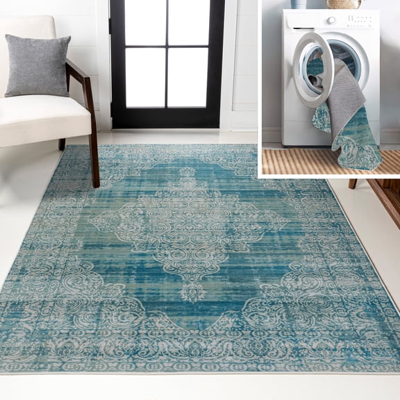 JONATHAN Y WASHABLE 8 x 10 Area Rug, Regis Bohemian Medallion - Teal/Cream, WSH107B-8