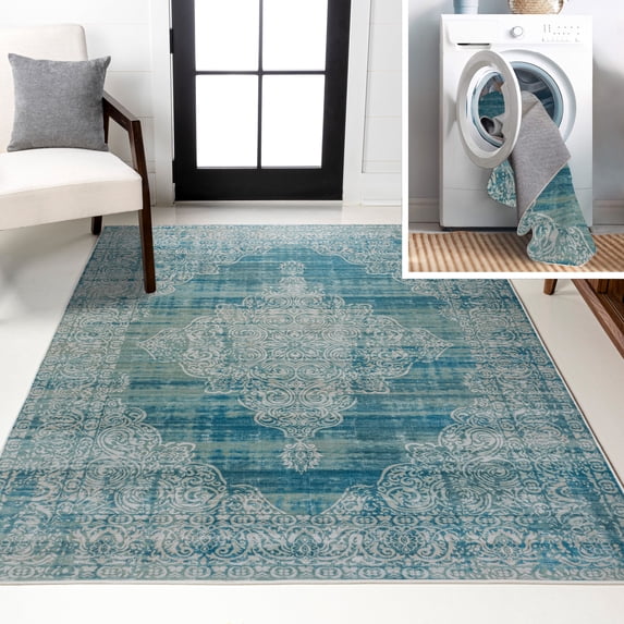 JONATHAN Y WASHABLE 8 x 10 Area Rug, Regis Bohemian Medallion - Teal/Cream, WSH107B-8
