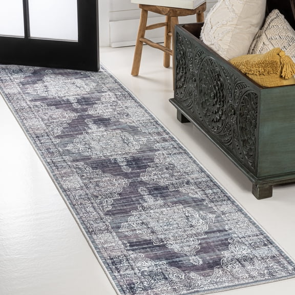JONATHAN Y WASHABLE 2 x 8 Runner Rug, Regis Bohemian Medallion - Purple/Cream, WSH107C-28