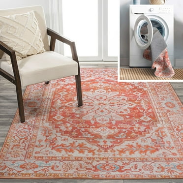JONATHAN Y WSH108A-5 Asa Ornate Medallion Machine-Washable Orange/Cream 5 ft. x 8 ft. Area Rug, Bohemian Transitional, Pet Friendly, Stain Resistant, Easy to Clean, for Living Room; Kitchen, Bedroom