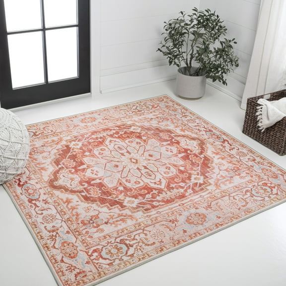 JONATHAN Y WASHABLE 5' Square Area Rug, Asa Ornate Medallion - Orange/Cream, WSH108A-5SQ