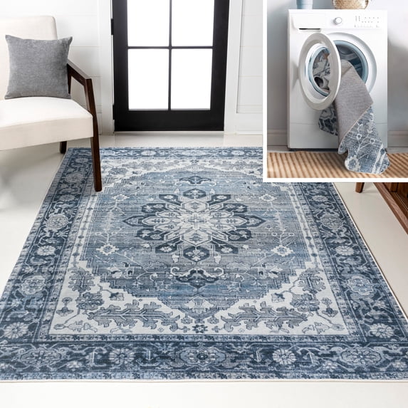 JONATHAN Y WASHABLE 3 x 5 Area Rug, Asa Ornate Medallion - Blue/Cream, WSH108B-3