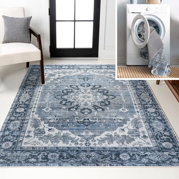 JONATHAN Y WASHABLE 3 x 5 Area Rug, Asa Ornate Medallion - Blue/Cream, WSH108B-3