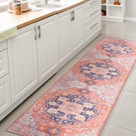 JONATHAN Y WASHABLE 2 x 8 Runner Rug, Maris Ornate Medallion - Terracotta/Navy, WSH109A-28