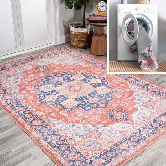 JONATHAN Y WASHABLE 3 x 5 Area Rug, Maris Ornate Medallion - Terracotta/Navy, WSH109A-3