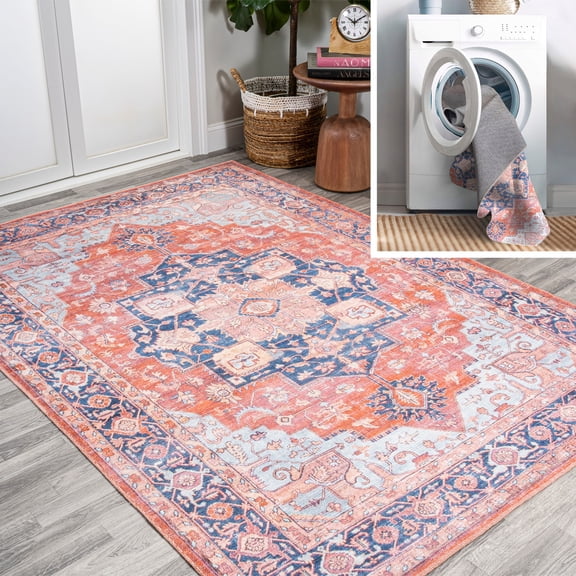 JONATHAN Y WASHABLE 4 x 6 Area Rug, Maris Ornate Medallion - Terracotta/Navy, WSH109A-4