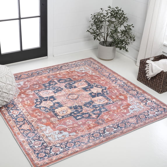 JONATHAN Y WASHABLE 6' Square Area Rug, Maris Ornate Medallion - Terracotta/Navy, WSH109A-6SQ
