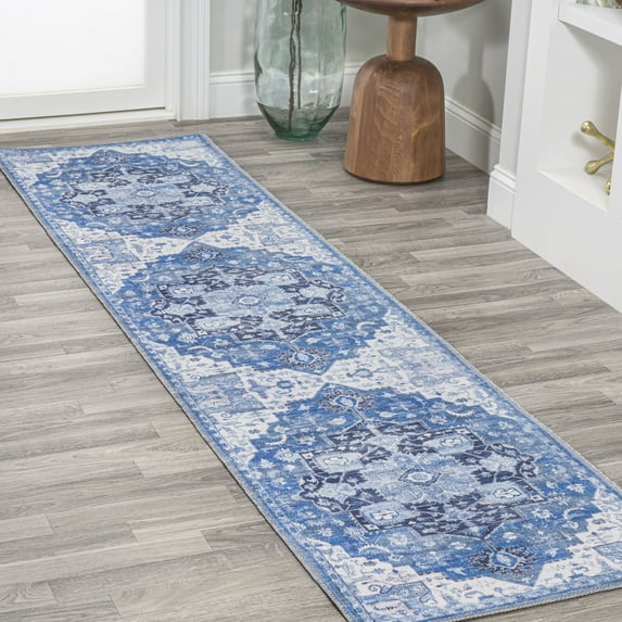 JONATHAN Y WASHABLE 2 x 10 Runner Rug, Maris Ornate Medallion - Blue/Navy, WSH109B-210