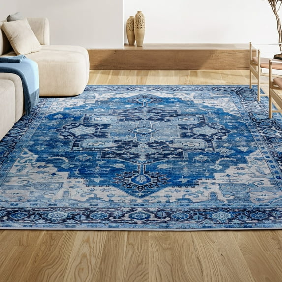 JONATHAN Y WASHABLE 3 x 5 Area Rug, Maris Ornate Medallion - Blue/Navy, WSH109B-3