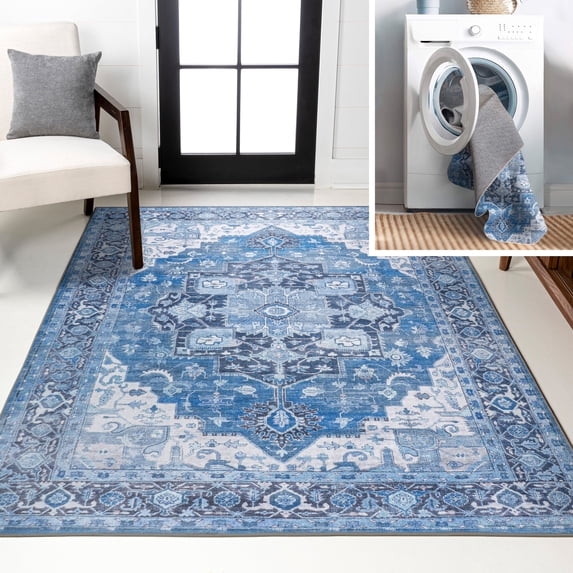JONATHAN Y WASHABLE 5 x 8 Area Rug, Maris Ornate Medallion - Blue/Navy, WSH109B-5