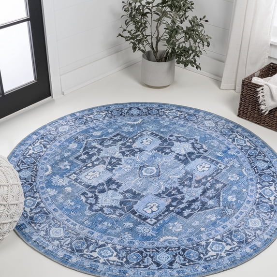 JONATHAN Y WASHABLE 8' Round Area Rug, Maris Ornate Medallion - Blue/Navy, WSH109B-8R