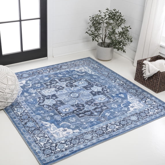 JONATHAN Y WASHABLE 8' Square Area Rug, Maris Ornate Medallion - Blue/Navy, WSH109B-8SQ