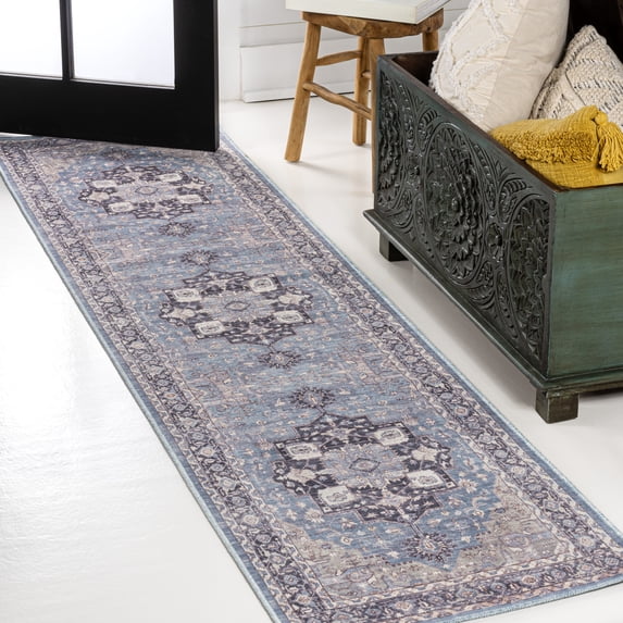 JONATHAN Y WASHABLE 2 x 8 Runner Rug, Maris Ornate Medallion - Blue/Cream, WSH109C-28