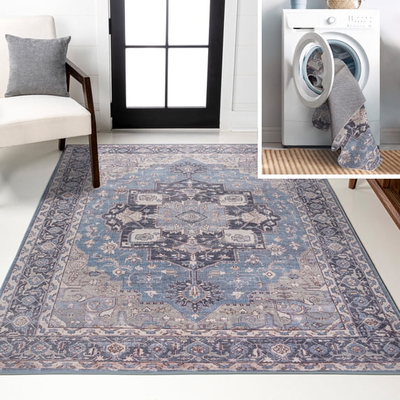 JONATHAN Y WASHABLE 3 x 5 Area Rug, Maris Ornate Medallion - Blue/Cream, WSH109C-3