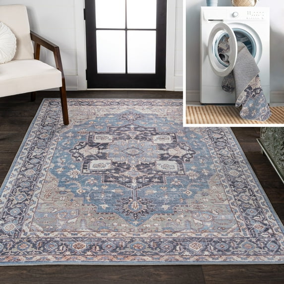 JONATHAN Y WASHABLE 4 x 6 Area Rug, Maris Ornate Medallion - Blue/Cream, WSH109C-4