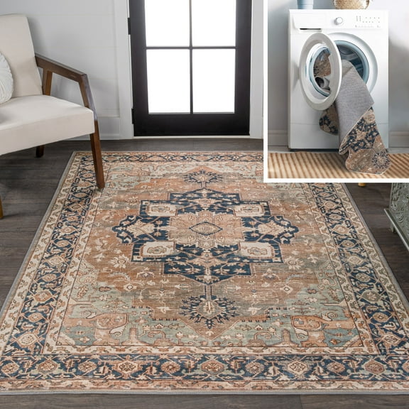 JONATHAN Y WASHABLE 5 x 8 Area Rug, Maris Ornate Medallion - Beige/Blue, WSH109D-5
