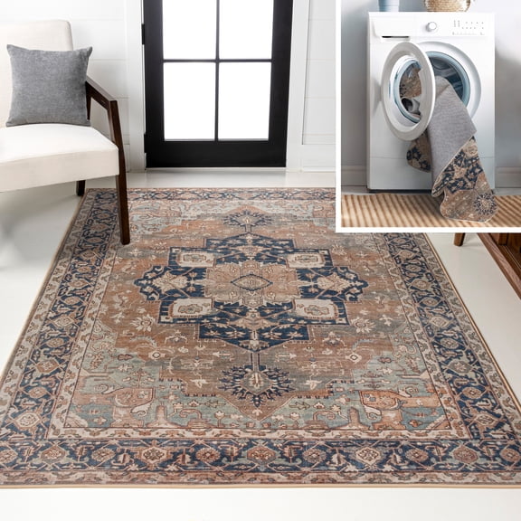 JONATHAN Y WASHABLE 5 x 8 Area Rug, Maris Ornate Medallion - Beige/Blue, WSH109D-5