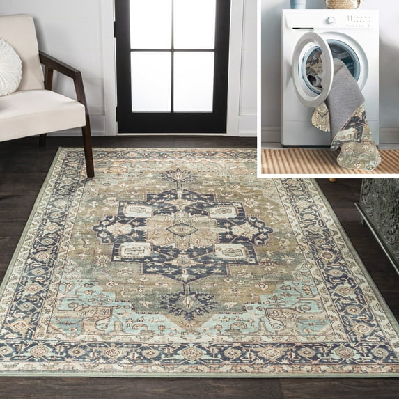 JONATHAN Y WASHABLE 3 x 5 Area Rug, Maris Ornate Medallion - Green/Tan/Blue, WSH109E-3