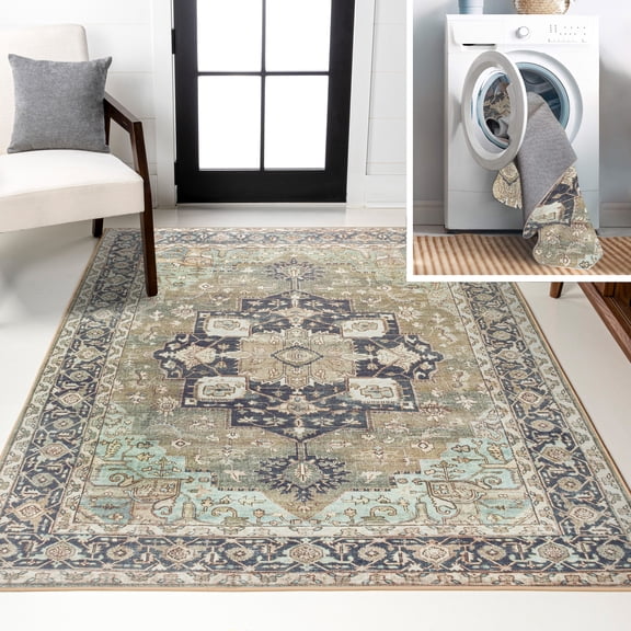 JONATHAN Y WASHABLE 5 x 8 Area Rug, Maris Ornate Medallion - Green/Tan/Blue, WSH109E-5