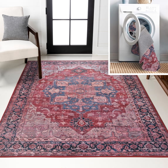 JONATHAN Y WASHABLE 8 x 10 Area Rug, Maris Ornate Medallion - Red/Black/Blue, WSH109F-8