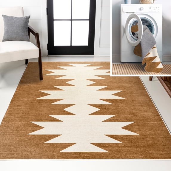 JONATHAN Y WASHABLE 3 x 5 Area Rug, Chayton Minimalist Geometric - Terracotta/Cream, WSH110A-3