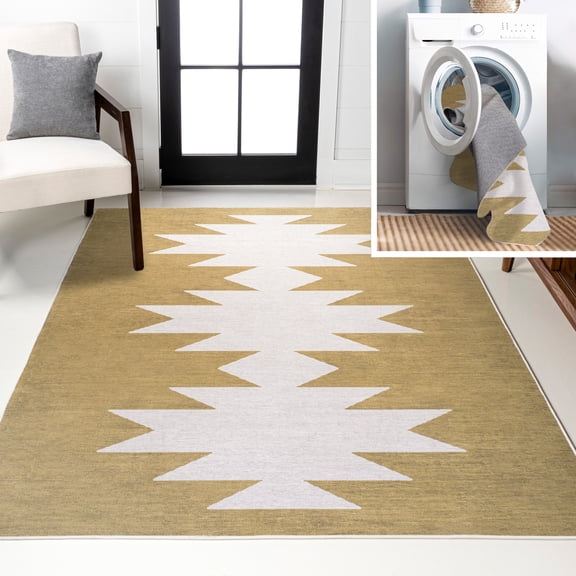 JONATHAN Y WASHABLE 9 x 12 Area Rug, Chayton Minimalist Geometric - Moss/Cream, WSH110B-9