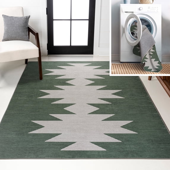 JONATHAN Y WASHABLE 9 x 12 Area Rug, Chayton Minimalist Geometric - Dark Green/Light Gray, WSH110C-9