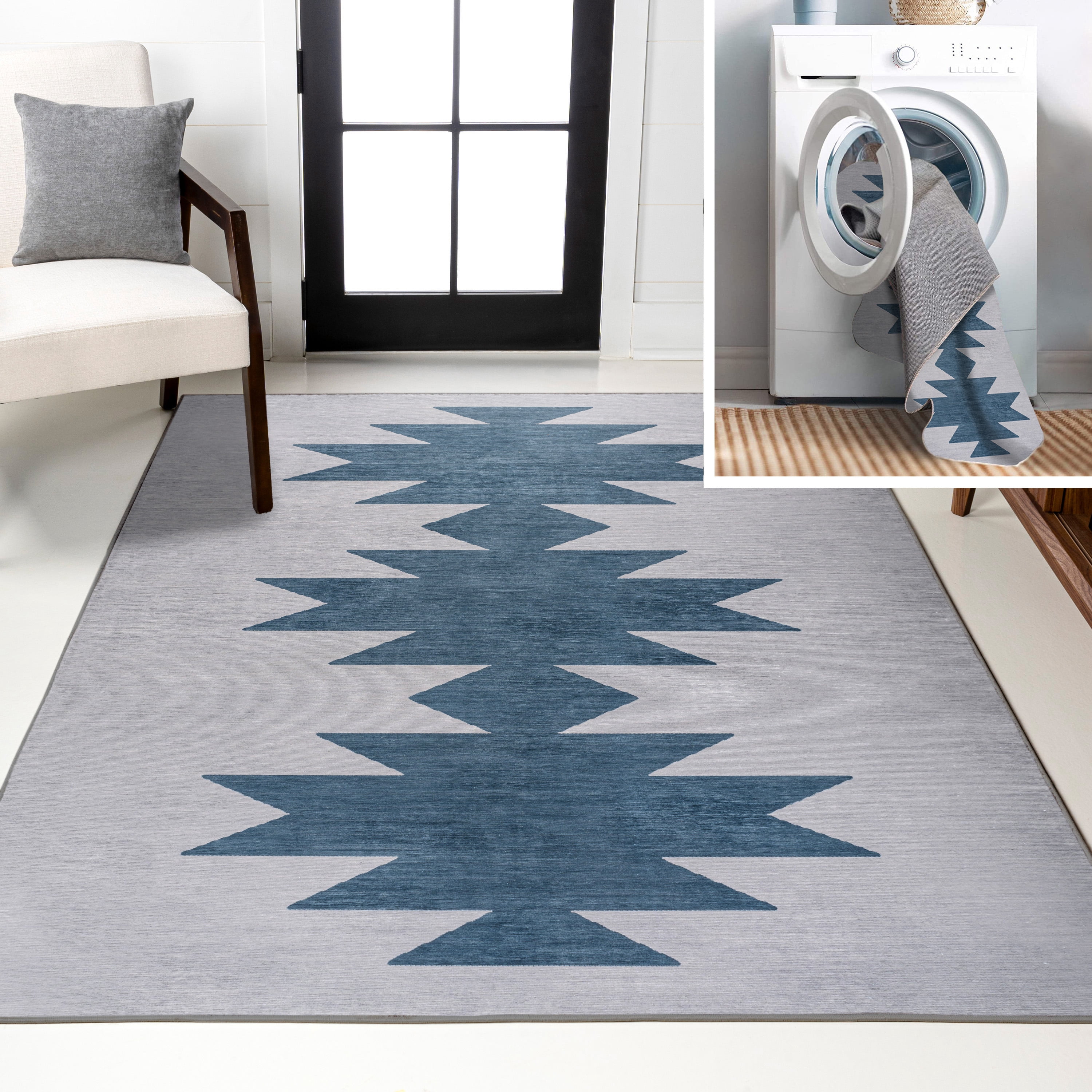 JONATHAN Y WASHABLE 9 x 12 Area Rug, Chayton Minimalist Geometric - Gray/Blue, WSH110D-9