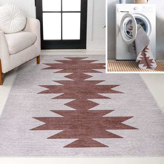 JONATHAN Y WASHABLE 8 x 10 Area Rug, Chayton Minimalist Geometric - Gray/Brown, WSH110E-8