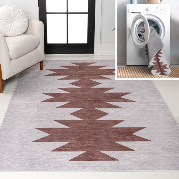 JONATHAN Y WASHABLE 9 x 12 Area Rug, Chayton Minimalist Geometric - Gray/Brown, WSH110E-9