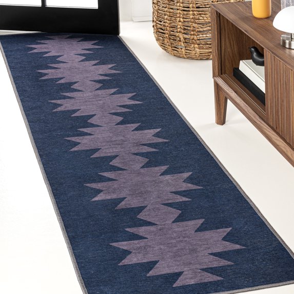 JONATHAN Y WASHABLE 2 x 8 Runner Rug, Chayton Minimalist Geometric - Navy/Purple, WSH110F-28