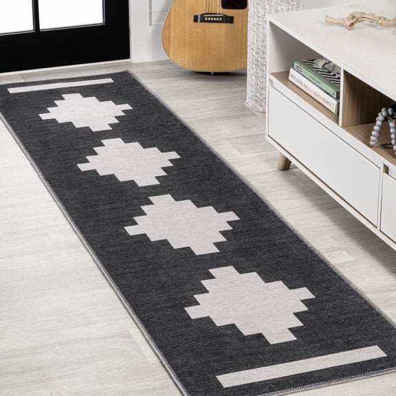 JONATHAN Y WASHABLE 2 x 8 Runner Rug, Adriel Geometric Medallion - Black/Cream, WSH111A-28