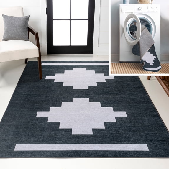 JONATHAN Y WASHABLE 8 x 10 Area Rug, Adriel Geometric Medallion - Navy/Light Gray, WSH111B-8