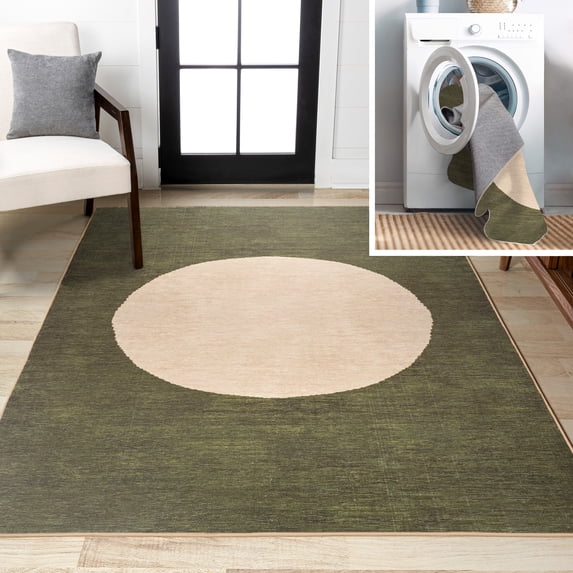 JONATHAN Y WASHABLE 9 x 12 Area Rug, Cirkel Minimalist Geometric Dot - Green/Cream, WSH113B-9