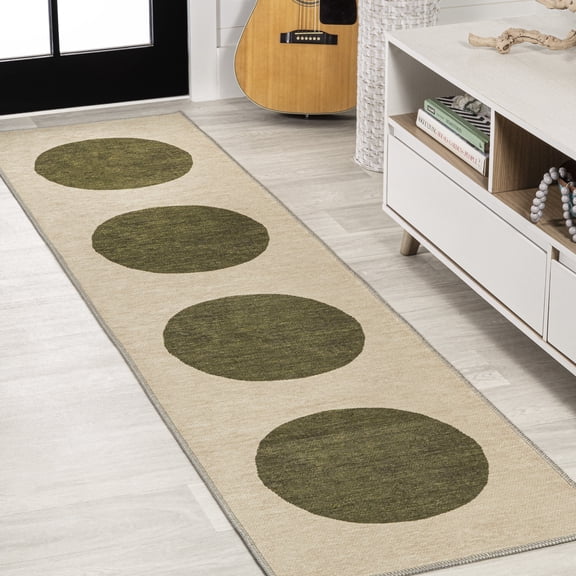 JONATHAN Y WASHABLE 2 x 8 Runner Rug, Cirkel Minimalist Geometric Dot - Cream/Green, WSH113C-28
