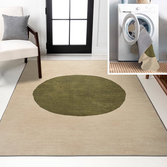 JONATHAN Y WASHABLE 3 x 5 Area Rug, Cirkel Minimalist Geometric Dot - Cream/Green, WSH113C-3