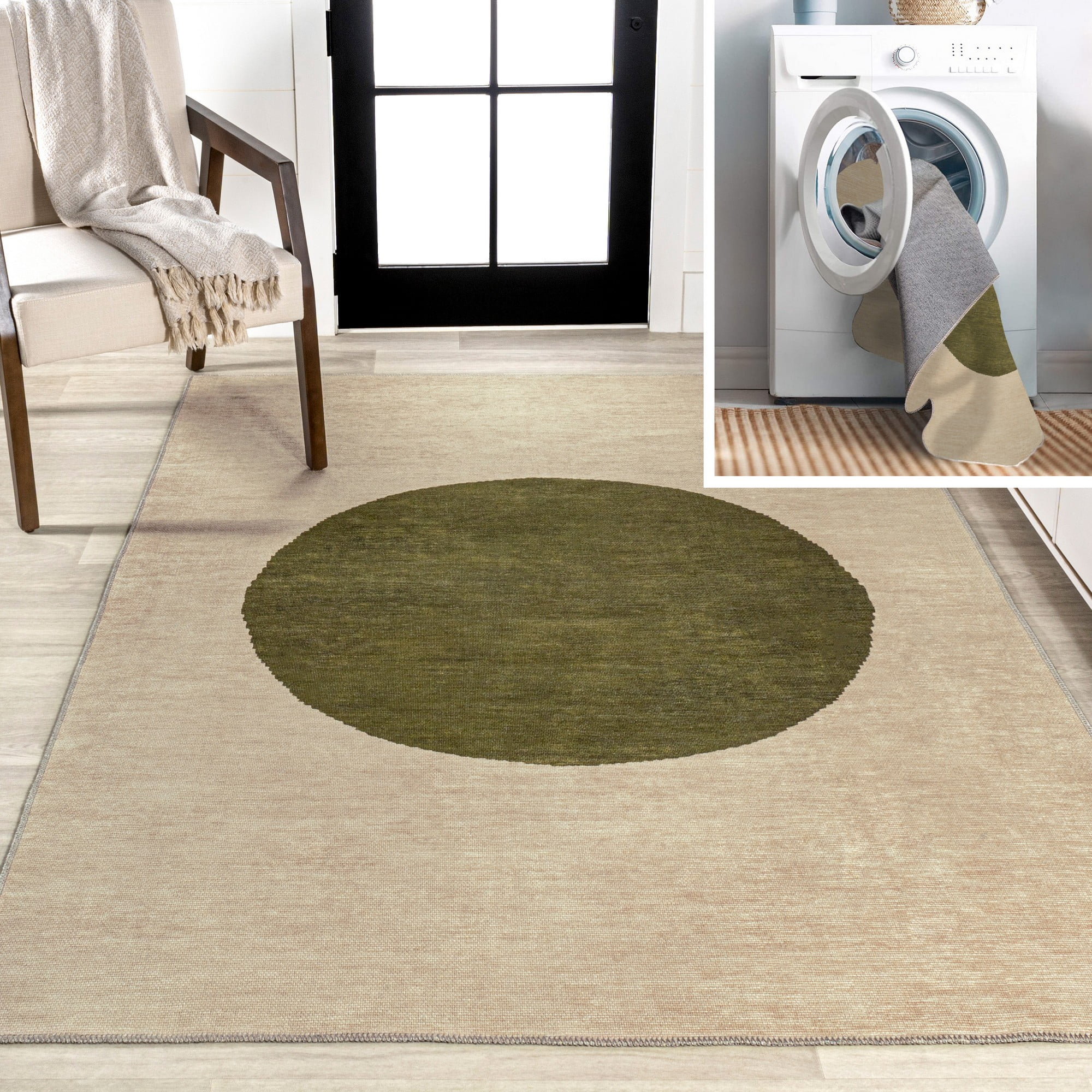 Ivory and Olive Geometric Washable Synthetic Area Rug