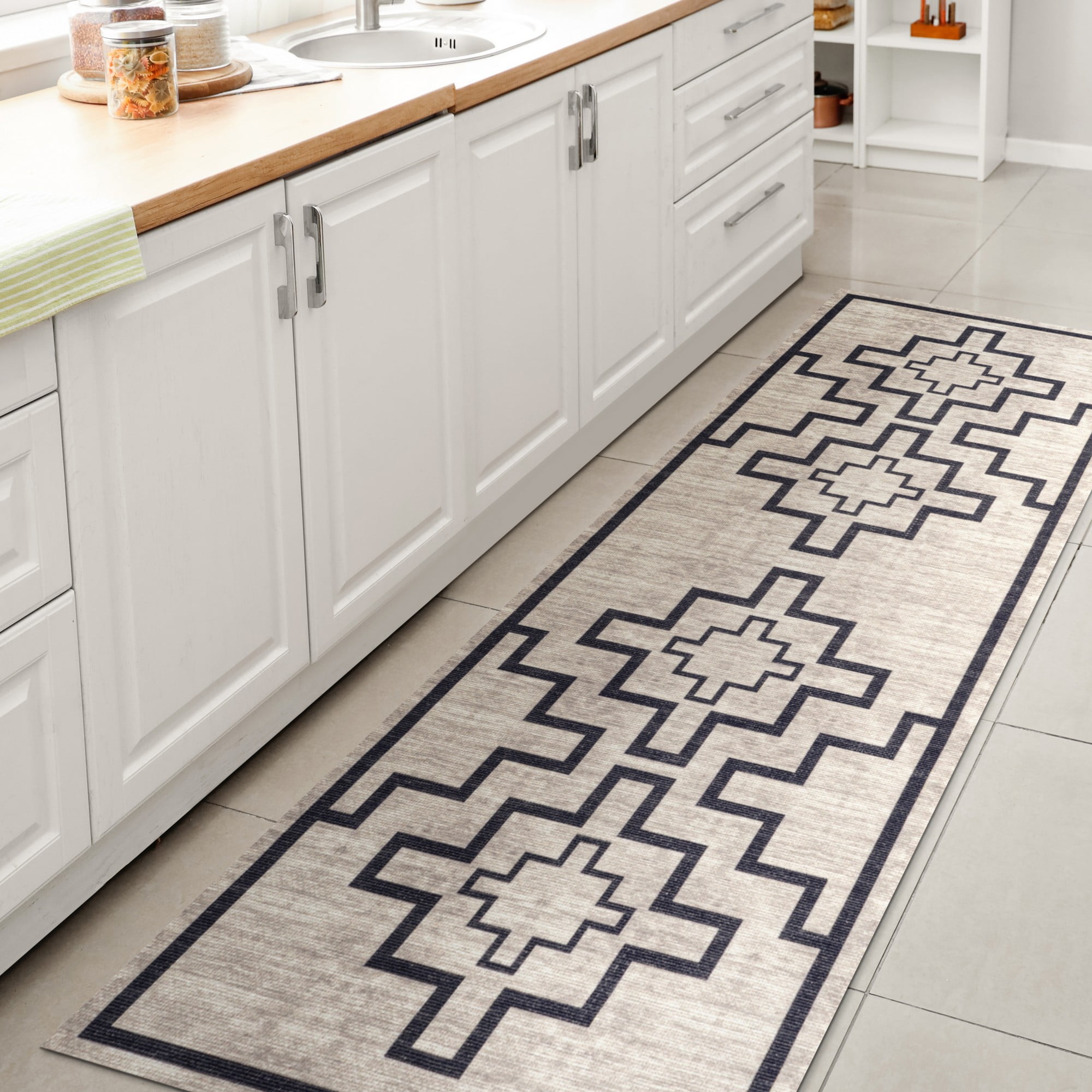 Ivory and Dark Gray Geometric Synthetic 2x8 Runner Rug