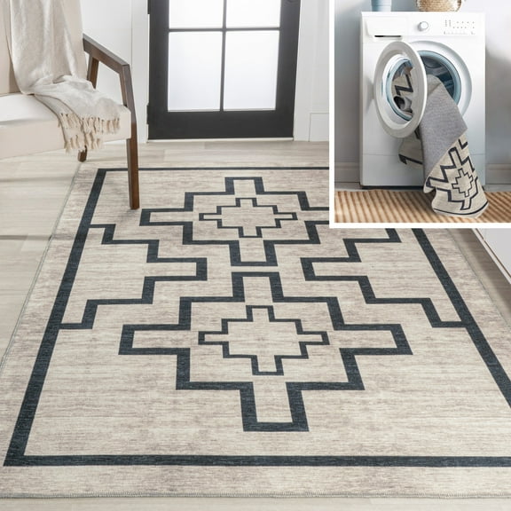 JONATHAN Y WASHABLE 5 x 8 Area Rug, Ashkii Minimalist Medallion - Ivory/Dark Gray, WSH115A-5