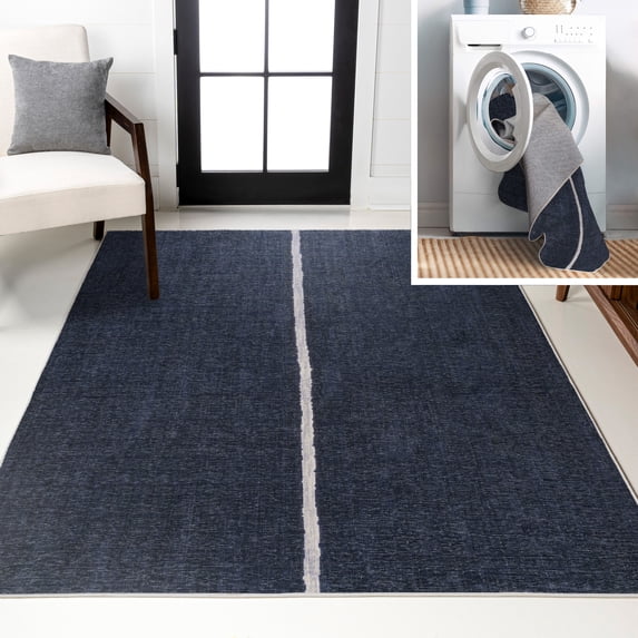 JONATHAN Y WASHABLE 3 x 5 Area Rug, Linja Centre Stripe - Navy/Gray, WSH117A-3