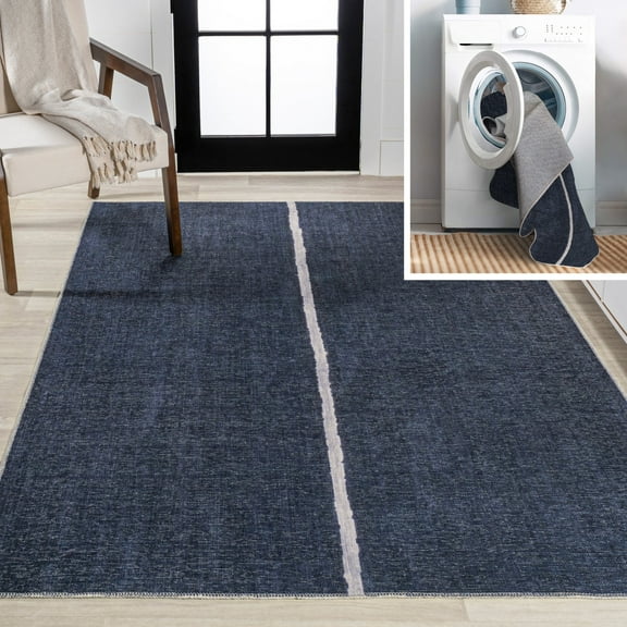 JONATHAN Y WASHABLE 4 x 6 Area Rug, Linja Centre Stripe - Navy/Gray, WSH117A-4