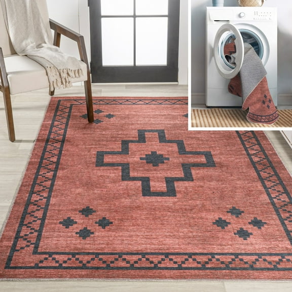 JONATHAN Y WASHABLE 3 x 5 Area Rug, Korsa Geometric Medallion - Red/Dark Gray, WSH118A-3