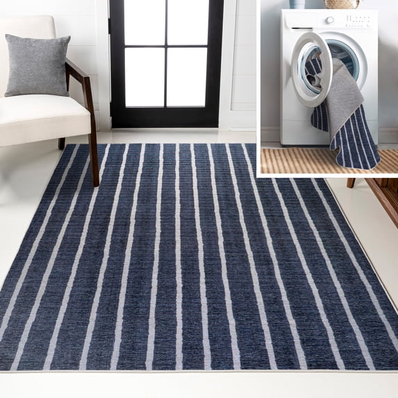 JONATHAN Y WASHABLE 8 x 10 Area Rug, Rand Distressed Stripe - Navy/Gray, WSH119A-8